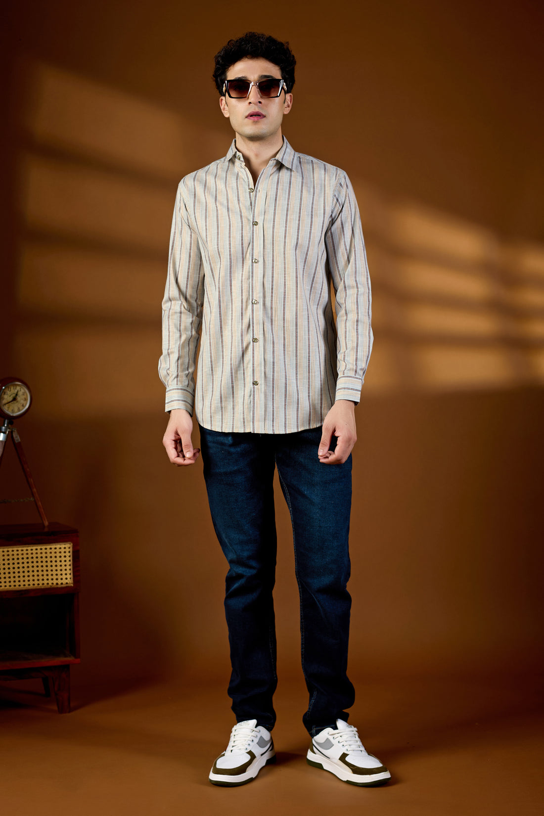 KEENLINE Classic Cotton Earth-Tone Striped Full Sleeve Shirt for Men