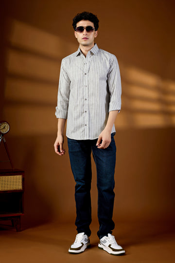 KEENLINE Classic Cotton Light Grey Full Sleeve Striped Shirt