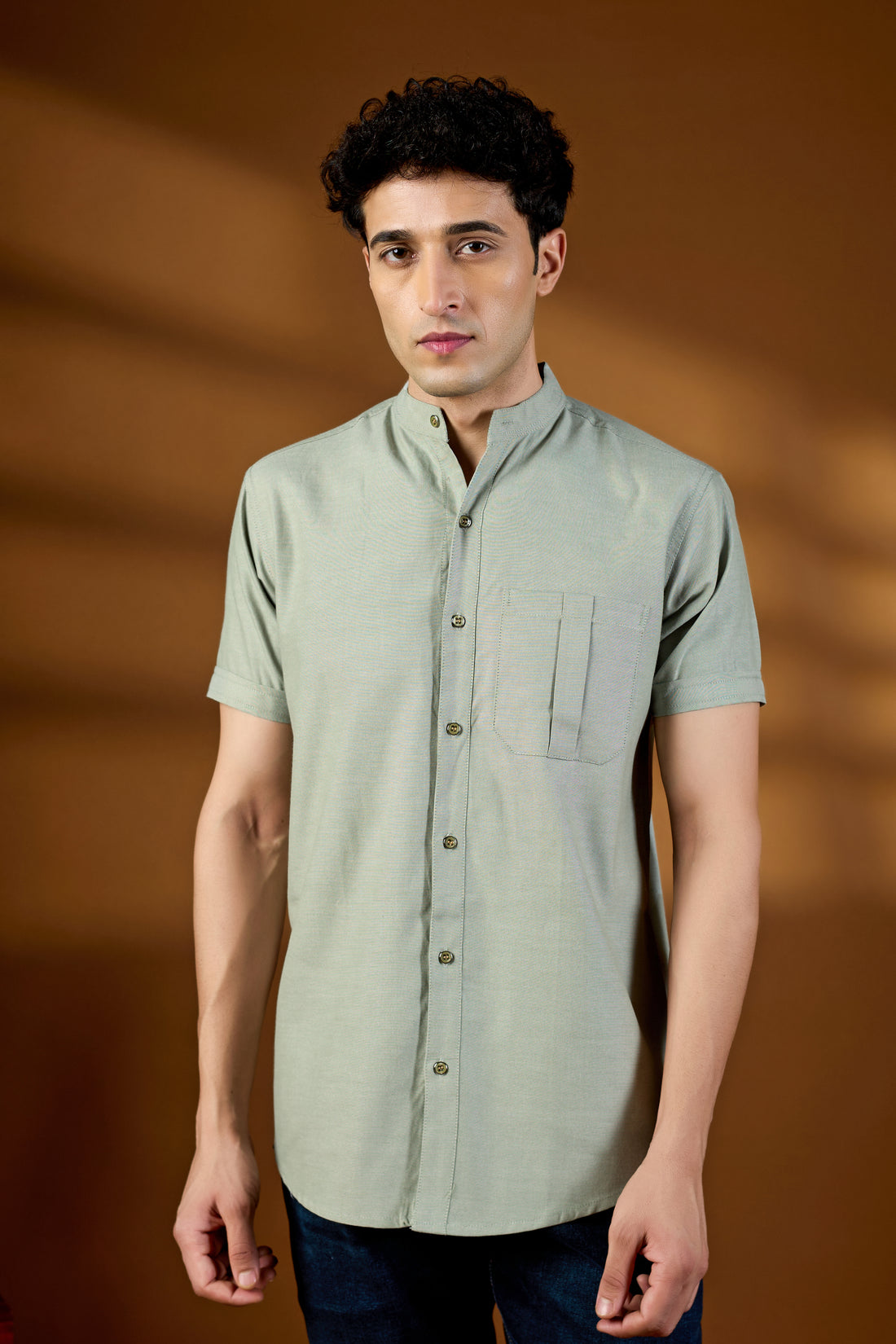 KEENLINE Men’s Sage Green Mandarin Collar Short Sleeve Shirt – Modern Smart Fit Casual Wear**