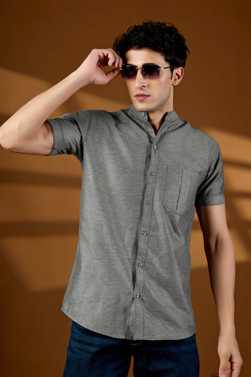 KEENLINE Men’s Charcoal Grey Mandarin Collar Short Sleeve Shirt – Modern Smart Fit Casual Wear