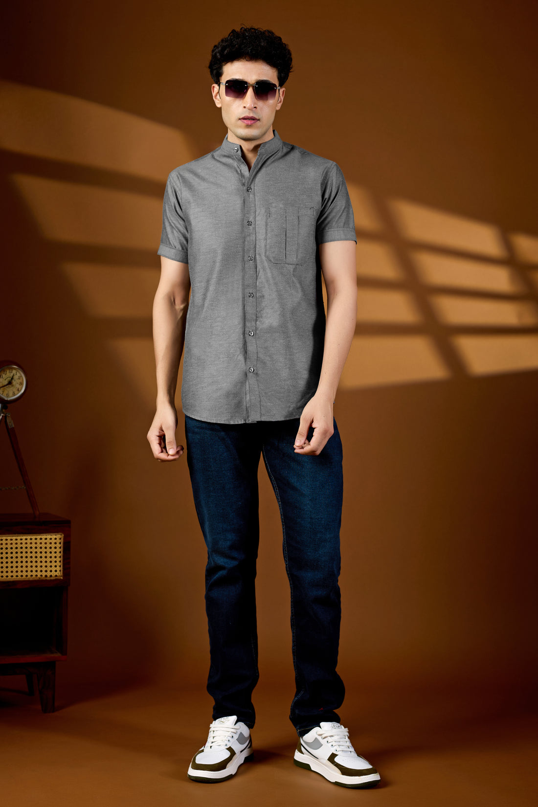 KEENLINE Men’s Charcoal Grey Mandarin Collar Short Sleeve Shirt – Modern Smart Fit Casual Wear