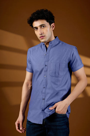 KEENLINE Men’s Steel Blue Mandarin Collar Short Sleeve Shirt – Modern Smart Fit Casual Wear