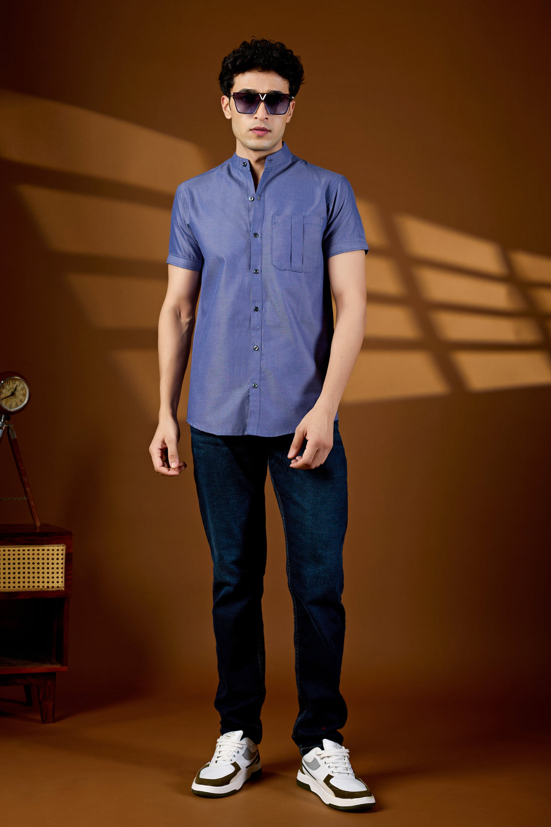 KEENLINE Men’s Steel Blue Mandarin Collar Short Sleeve Shirt – Modern Smart Fit Casual Wear